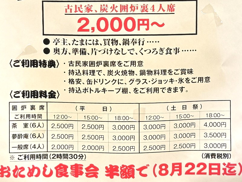 西田辺　炭火囲炉裏席のレンタル席料金表