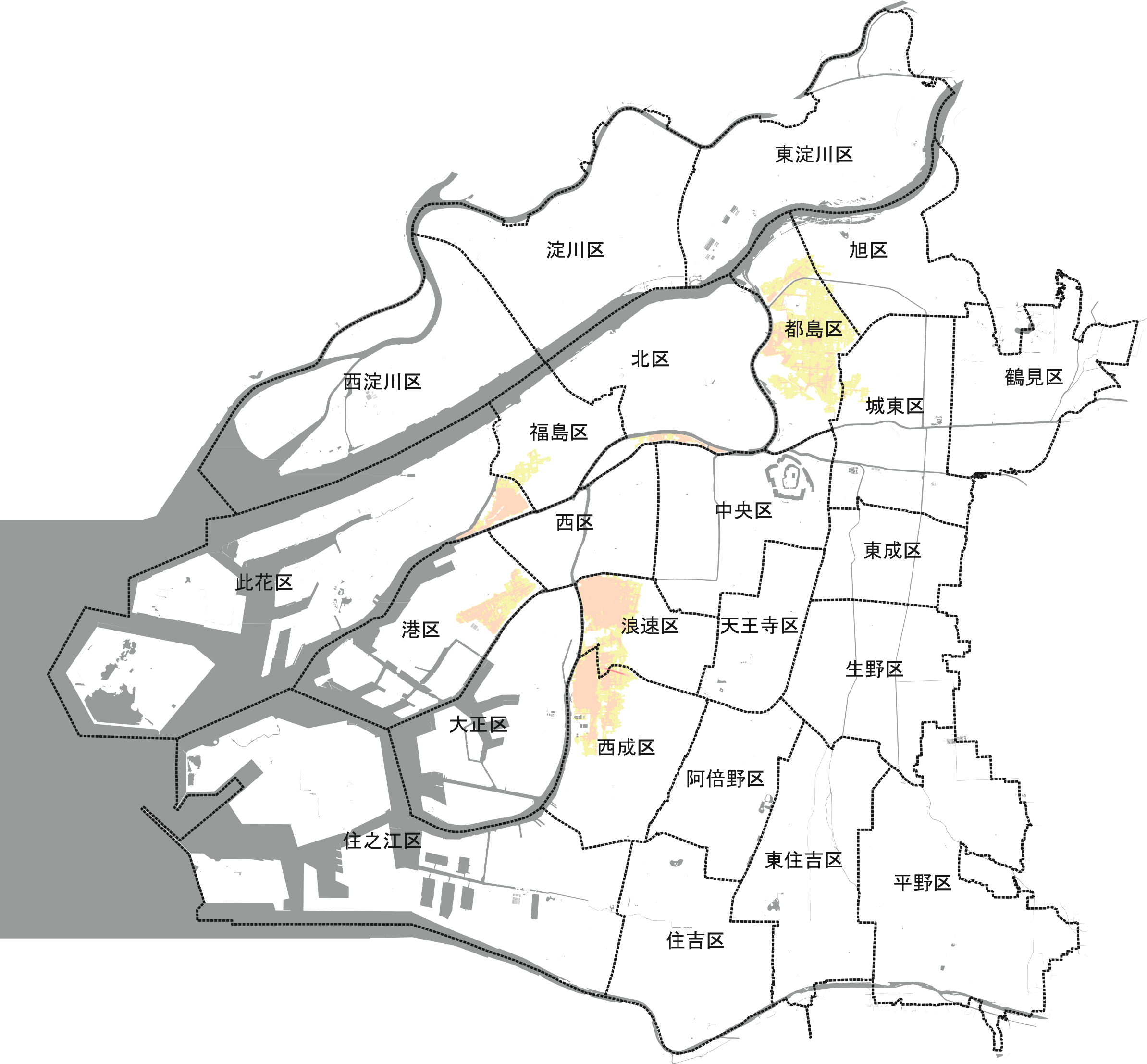 旧淀川流域等の河川（大川・堂島川・安治川、土佐堀川、木津川、尻無川）が氾濫した場合