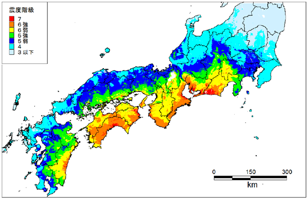 南海トラフで想定される震度