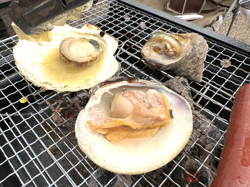 住ノ江プールの牡蠣小屋のホタテとサザエとはまぐり