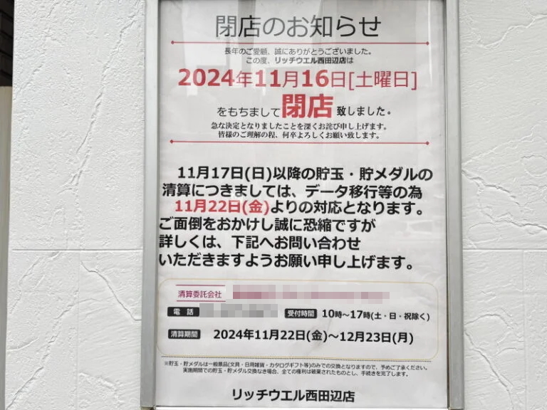 「リッチウエル西田辺」閉店の貼り紙