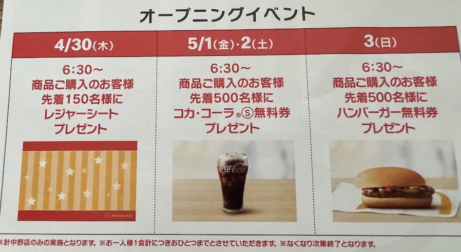 マクドナルド針中野店リニューアルオープンするみたい。オープニングイベントがお得！