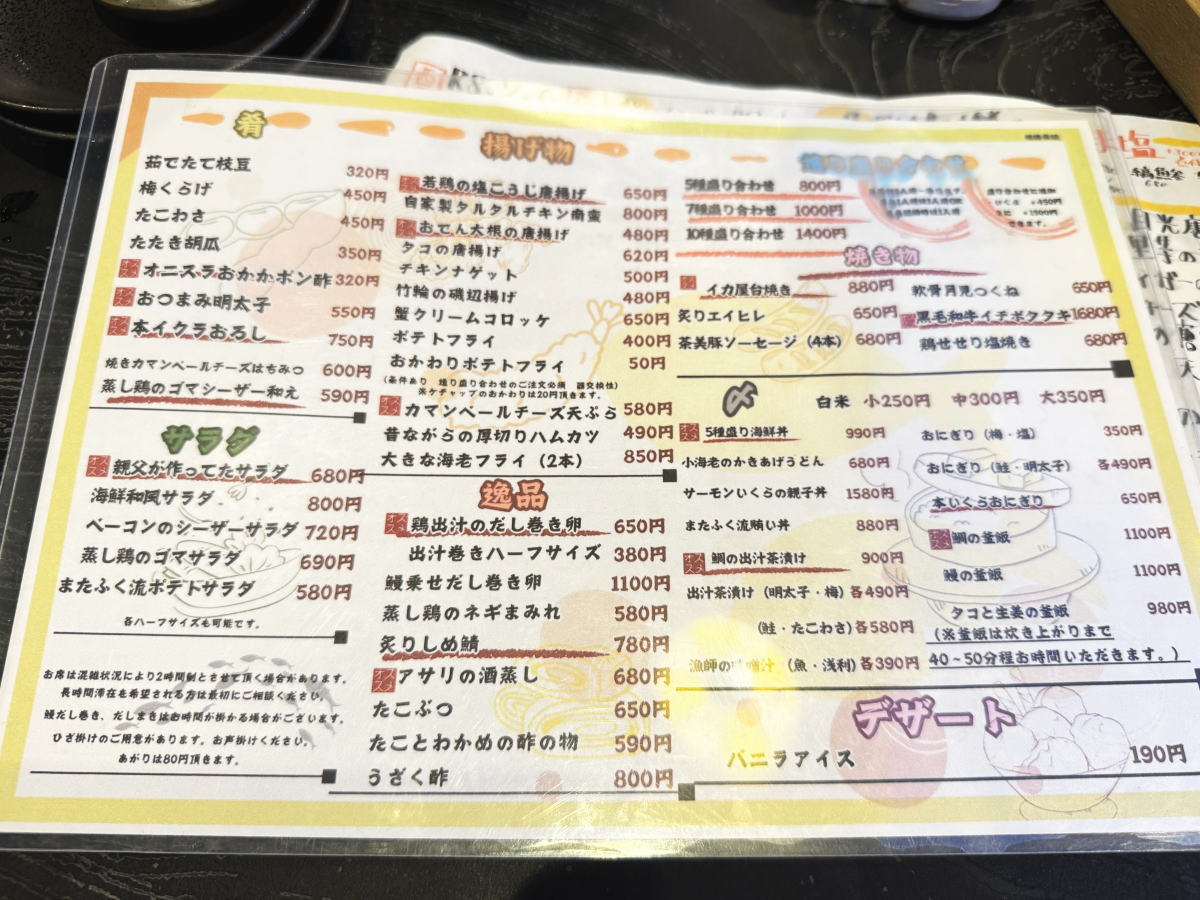 「またふく西田辺」のメニュー
