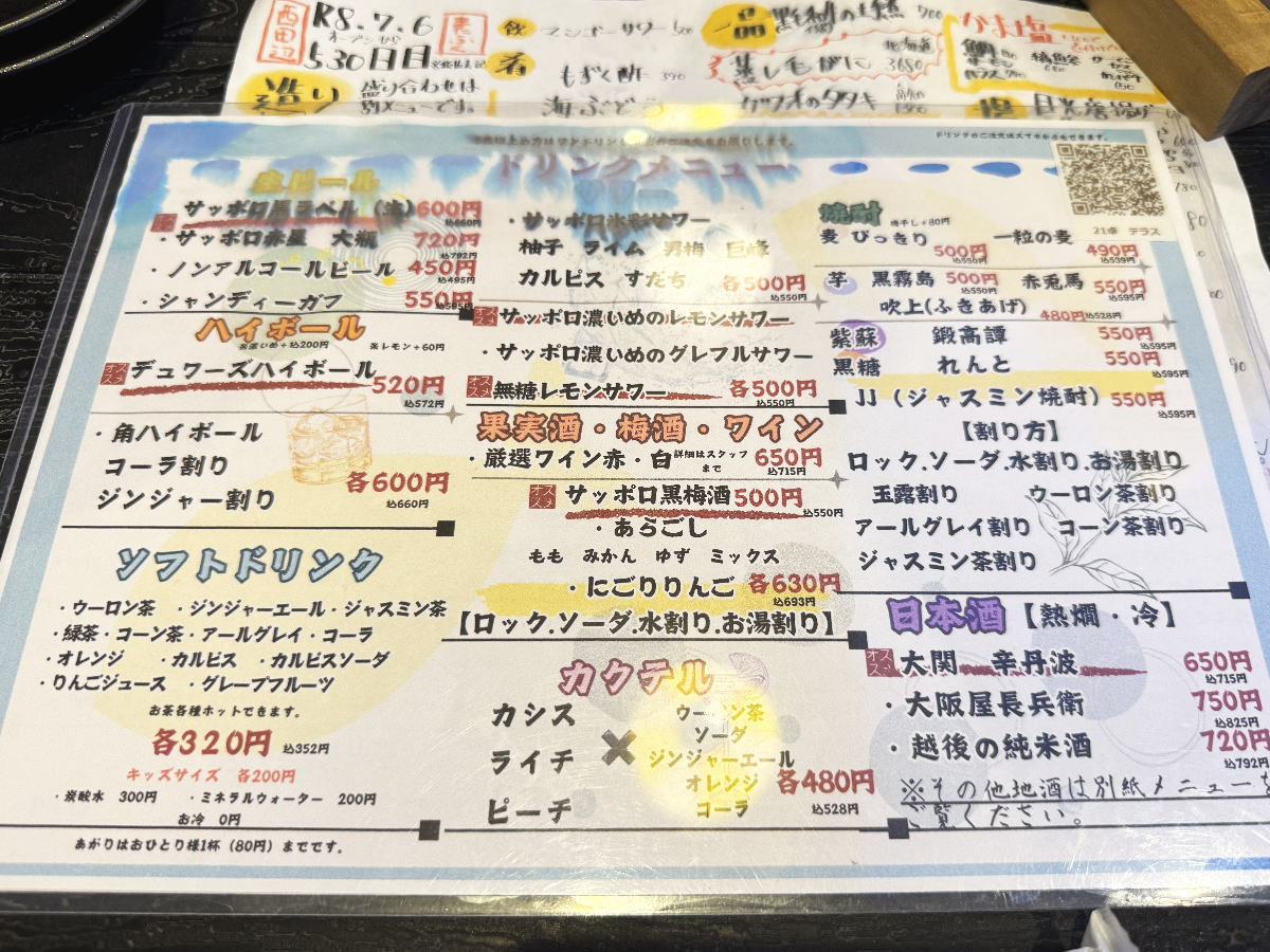 「またふく西田辺」のメニュー