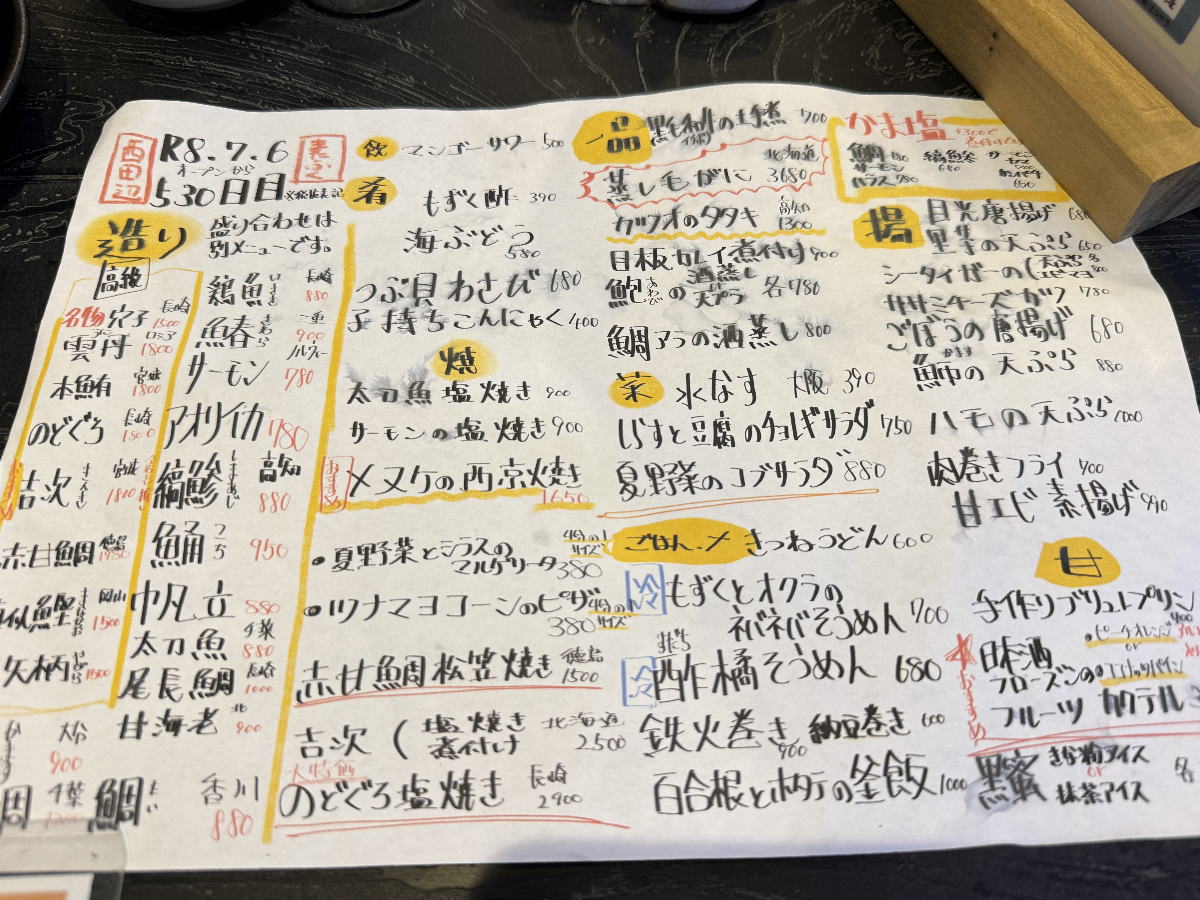 「またふく西田辺」のメニュー